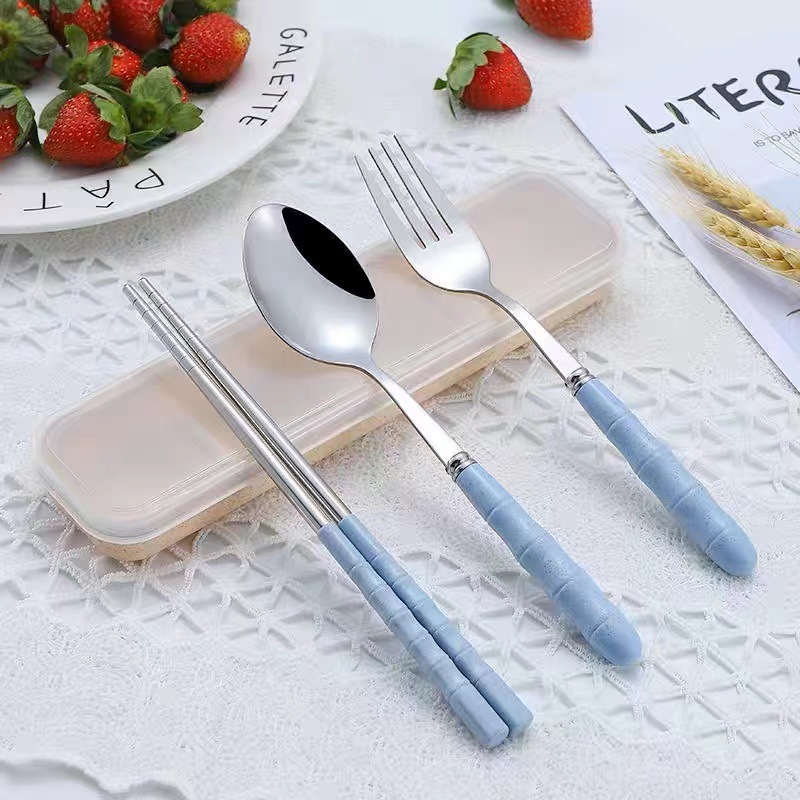 Stainless Steel Fork Spoon Chopsticks Tableware suit Wheat Portable Student Outdoor Cutlery suit Belt Storage