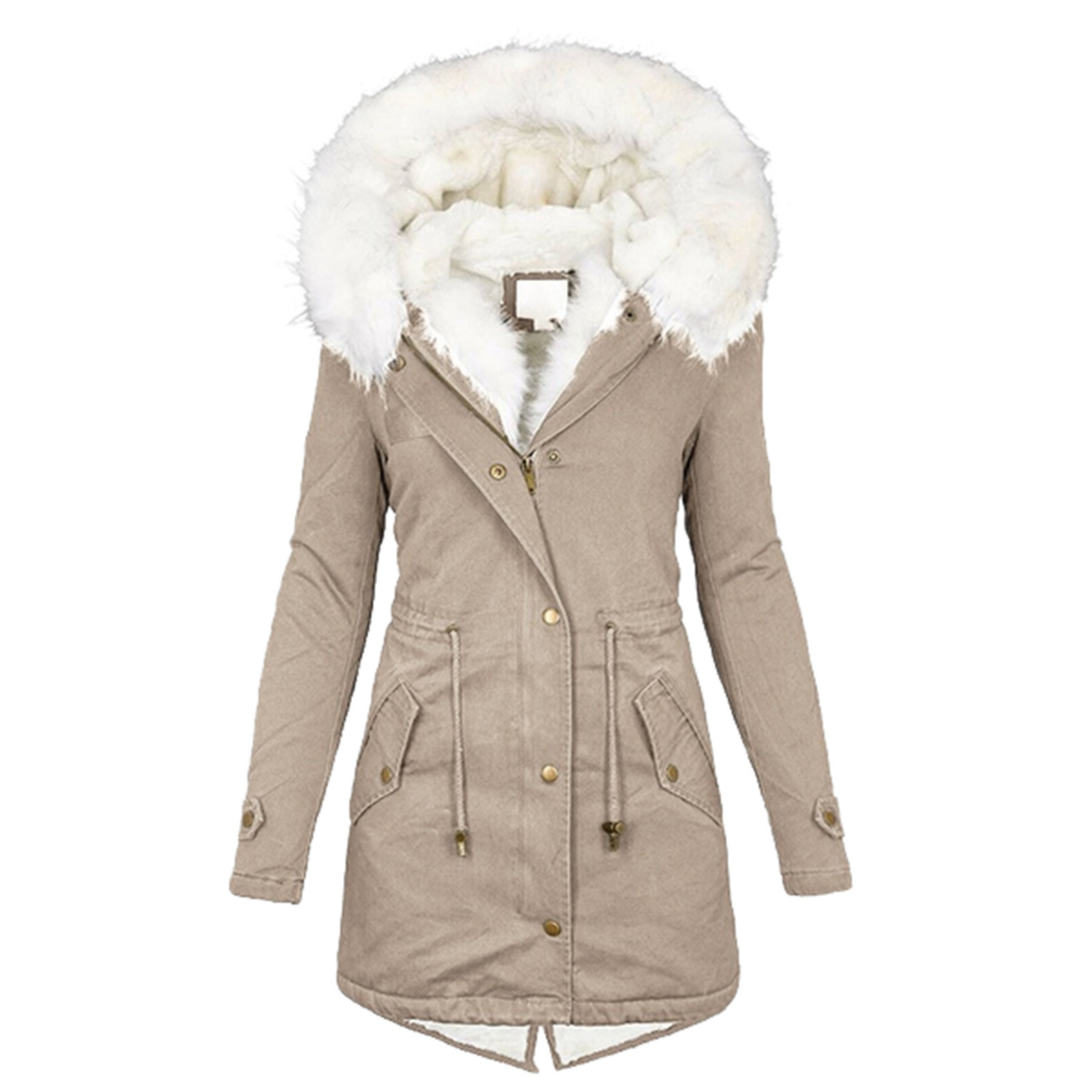 2024wish Amazon women's autumn and winter mid-length trench coat white fur collar hooded warm fleece-lined women's coat