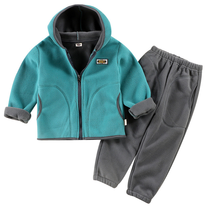 Children's Autumn and Winter Fleece Suit Big Boys and Girls Coat Pants Outer Wear Thickened Spring Hooded Two-piece Set