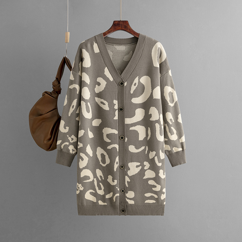 2023 autumn and winter European and American Foreign trade new knitwear mid-length leopard print sweater cardigan women's loose coat
