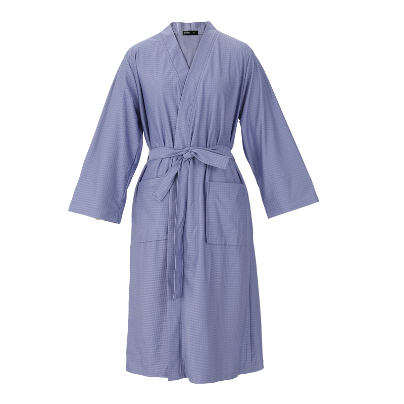 Late Summer Thin Waffle Bathrobe Women's Simple V-neck Seven-point Sleeve Absorbent Sleeve Couple's Nightgown Spring and Autumn Men's_voghion.com