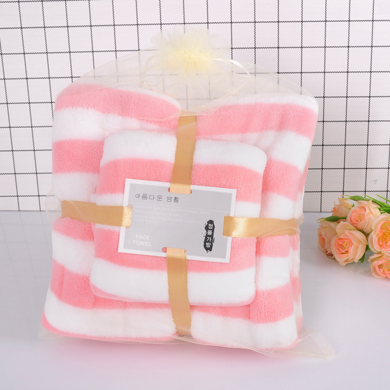 Factory straight hair child and mother towel color stripe warp knitting high density coral velvet towel supermarket LOGO back gift foreign trade Wholesale