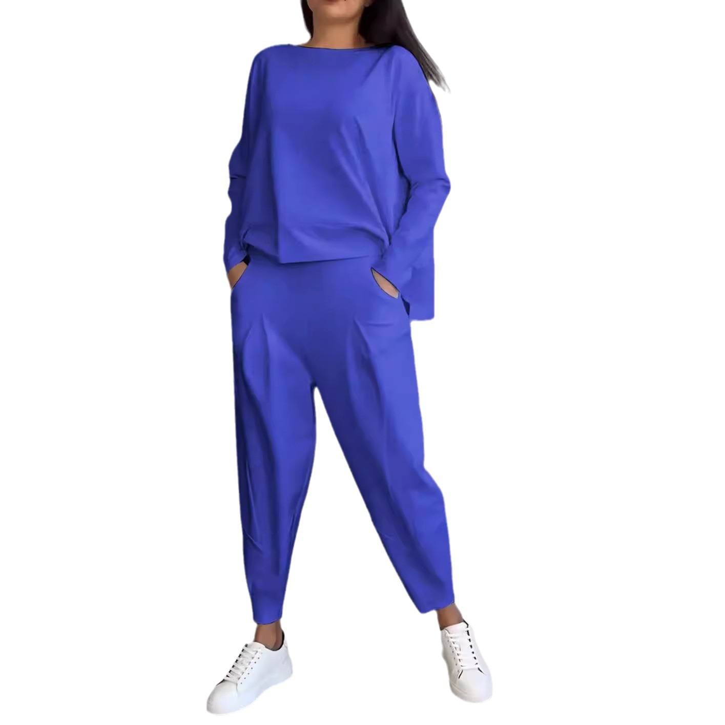 2024 new European and American cross-border foreign trade women's solid color round neck long sleeve suit women's pocket pants pants women