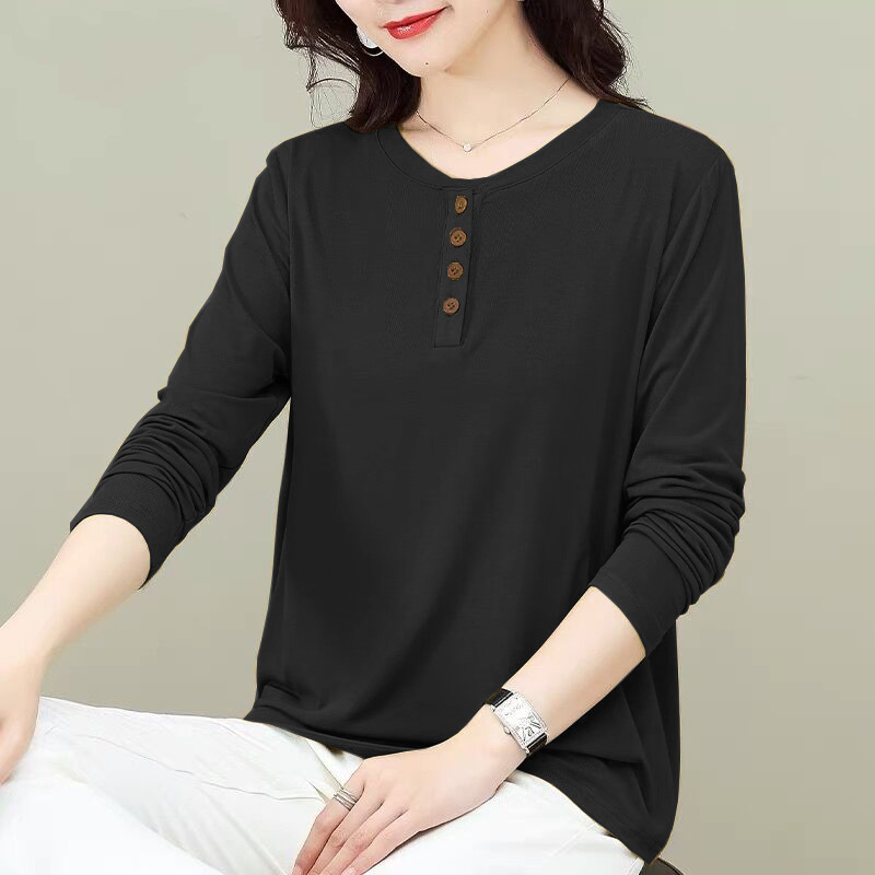 Autumn New Button T-shirt Women's Large Size Women's Casual Artistic Base Shirt Loose Slimming Top T-shirt Trendy