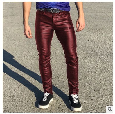 Cross-border new European and American punk plus size men's tight elastic youth low waist personality fashion casual leather pants fashion