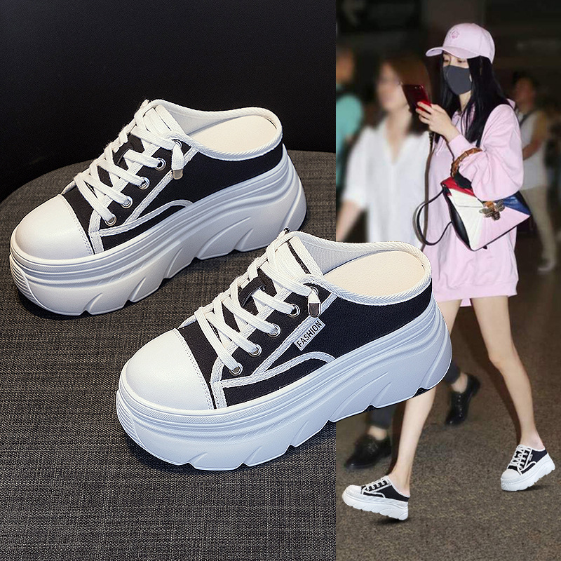 Closed toe slippers women's outdoor wear 2023 new summer versatile popular canvas half slippers fashion casual heel-free fashion