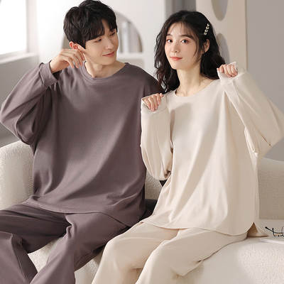 Waffle Long-sleeved Pajamas Women's Cotton New Spring and Autumn Day Large Size Simple Outwear Couple's Home Suit for Men