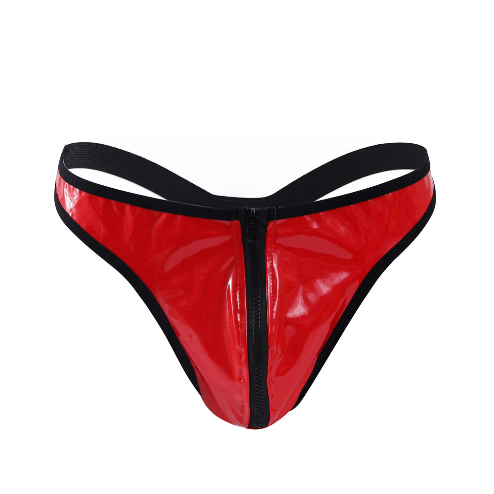 Sexy PU leather pants for men, shiny leather underwear with zipper, men's thong, fitness underwear, and steel pipe dance performance 
