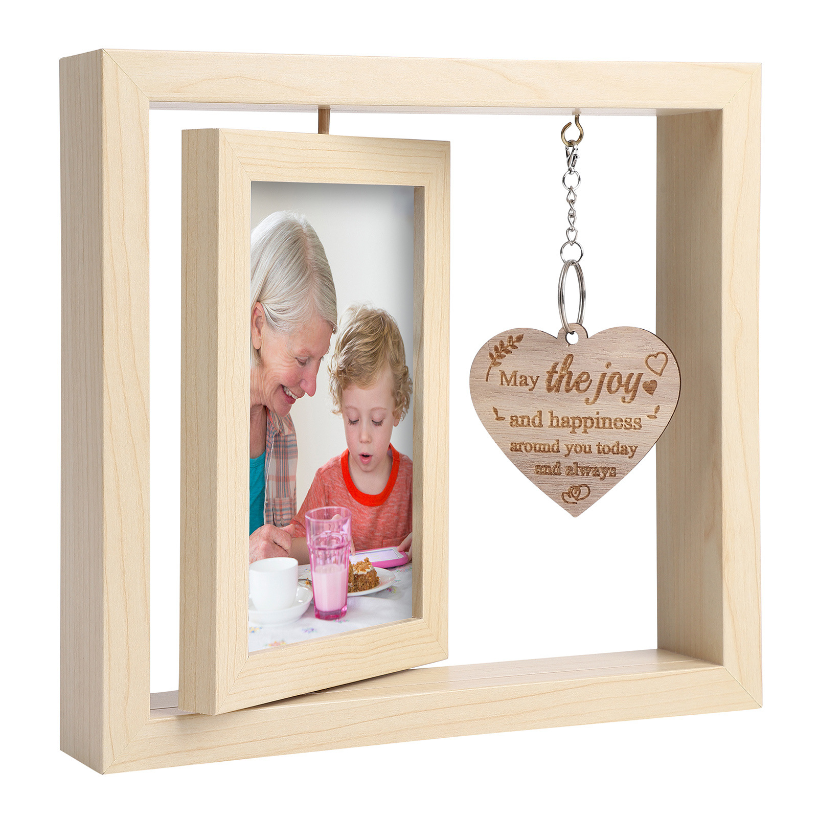 Cross-border hot sale double-sided rotating photo frame 6-inch wooden frame with pendant table decoration Mother's Day Christmas New Year gift