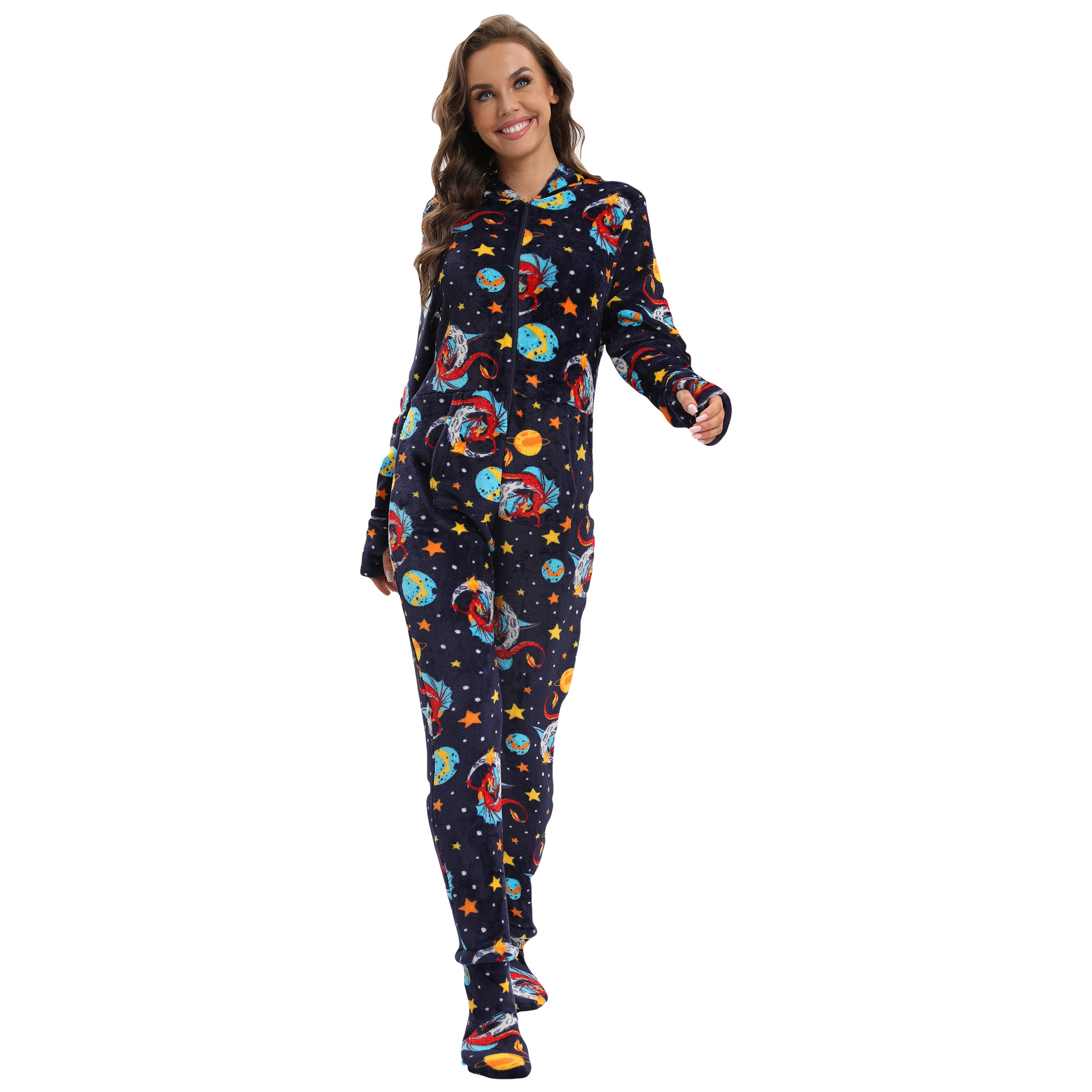 A generation of European and American cross-border ladies flannel camouflage animal printing with foot cover jumpsuit pajamas home clothes