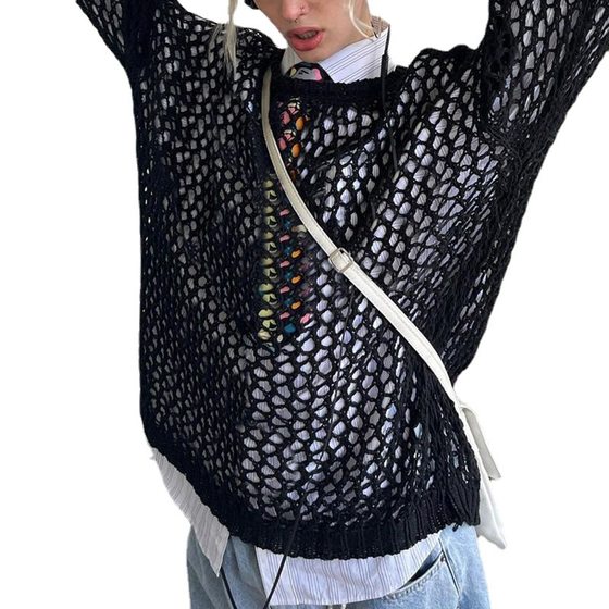 Cross-border Foreign Trade 2023 Summer European and American Hot Girls Street Trendy Hollow Mesh Wool Round Neck Loose Blouse Women