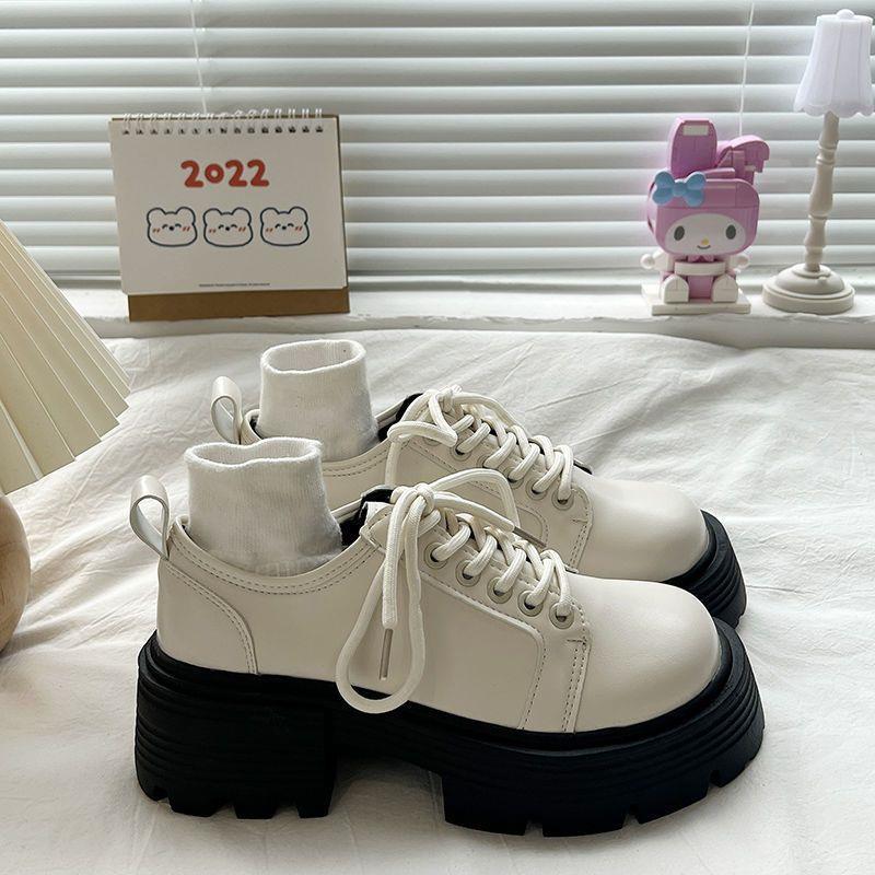 白色厚底小皮鞋女松糕底潮流復古粗高跟小個子英倫風百搭ins超厚