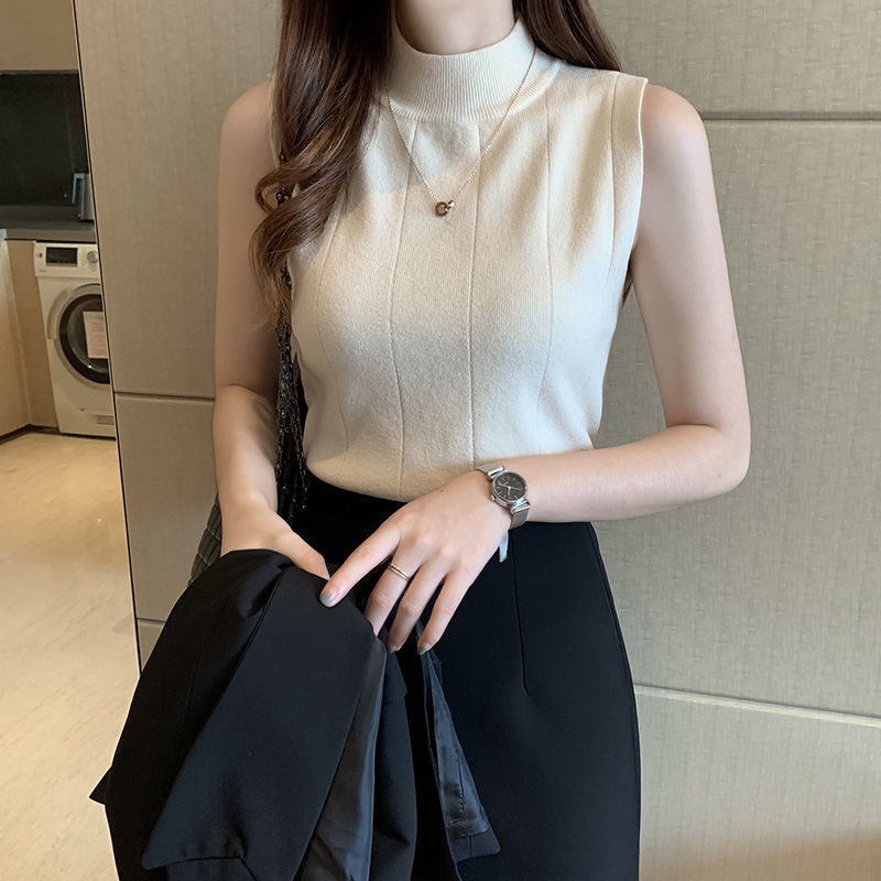 2023 Summer new half turtleneck thin sleeveless short bottoming shirt knitted T-shirt women's slim fit inner T-shirt vest