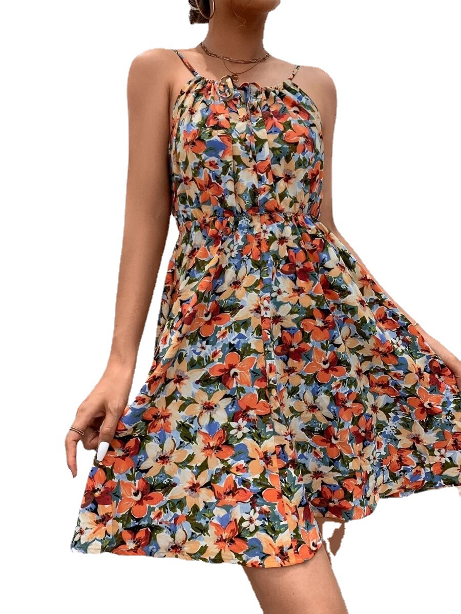 2025 European and American Amazon Summer New Elegant Sleeveless dress Pullover Printed Spring Waist Strap Skirt for Women