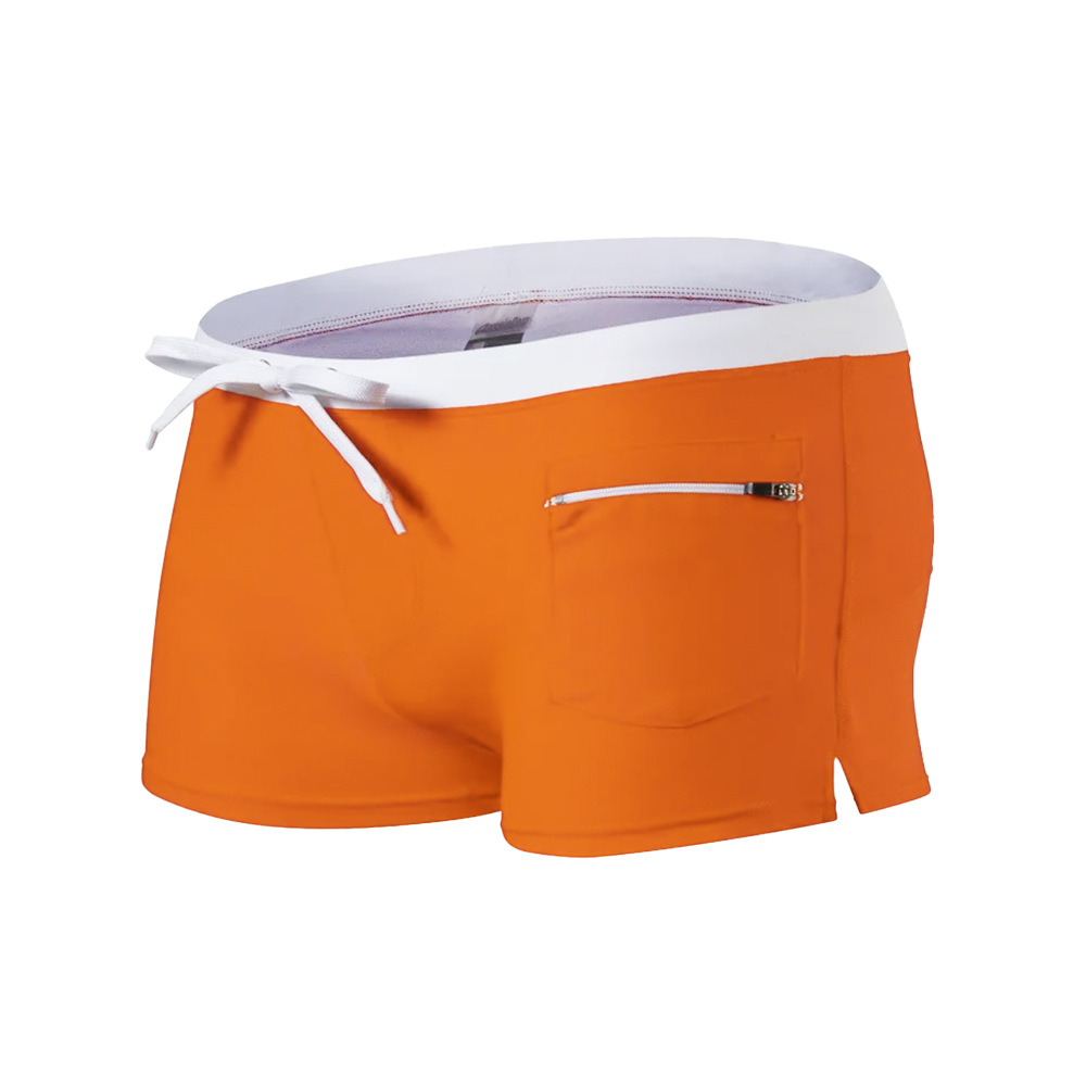 Cross-border foreign trade European and American new pure color men's swimming trunks tight shorts lace-up boxers front pocket swimming trunks quick-drying
