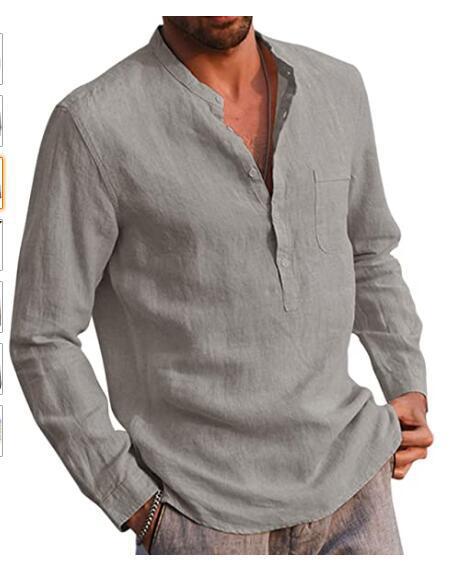 2024 AliExpress wish Amazon Hot Selling Men's Long Sleeve V-Neck Casual Beach Linen Shirt Men's Wear