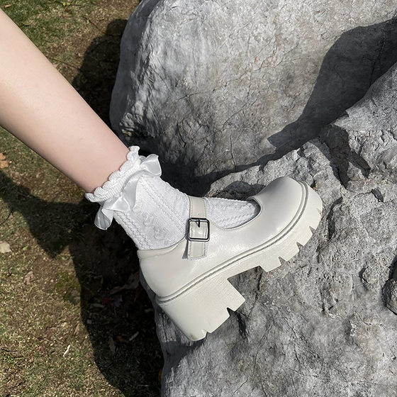 Thick Bottom White Round Toe Mary Jane Shoes Women's Spring 2022 Retro Mid-High Heel Japanese jk Small Leather Shoes British Style