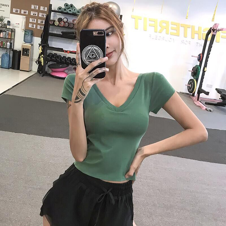 Cross-border Chest Pad Sports Short-sleeved Quick-drying Top Tight-fitting Elastic Slimming Yoga Clothes Running T-shirt Internet Popular