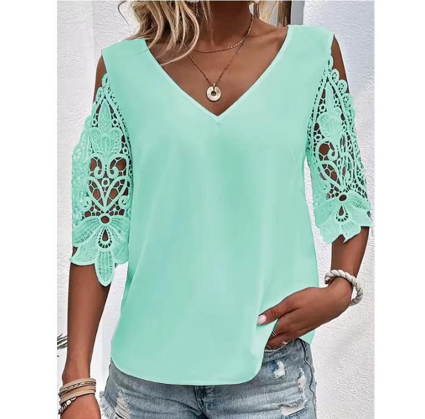 Spot cross-border Amazon Europe and the United States summer new casual sweet solid color V-neck lace half sleeve women's T-shirt