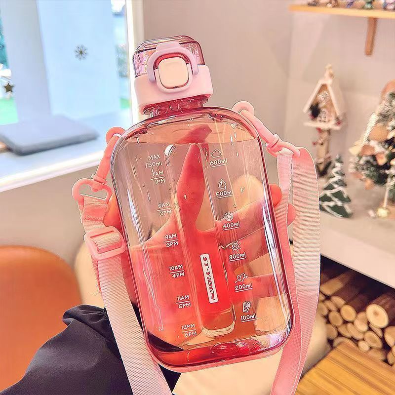 Billion Flat Space Cup Strap Outdoor Small Fresh Sports Water Cup Office Plastic Cup with Scale Direct Drinking