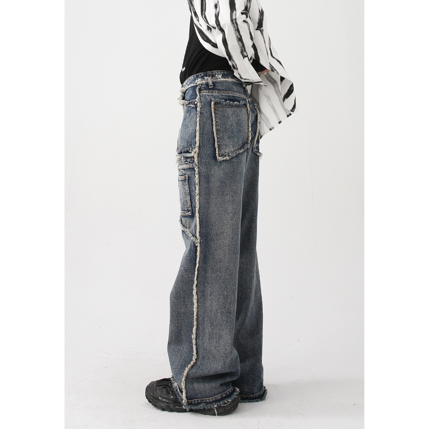 MELCLOTHES men's clothing | 2022 Autumn New retro do old wash water raw edge straight tube stitching jeans