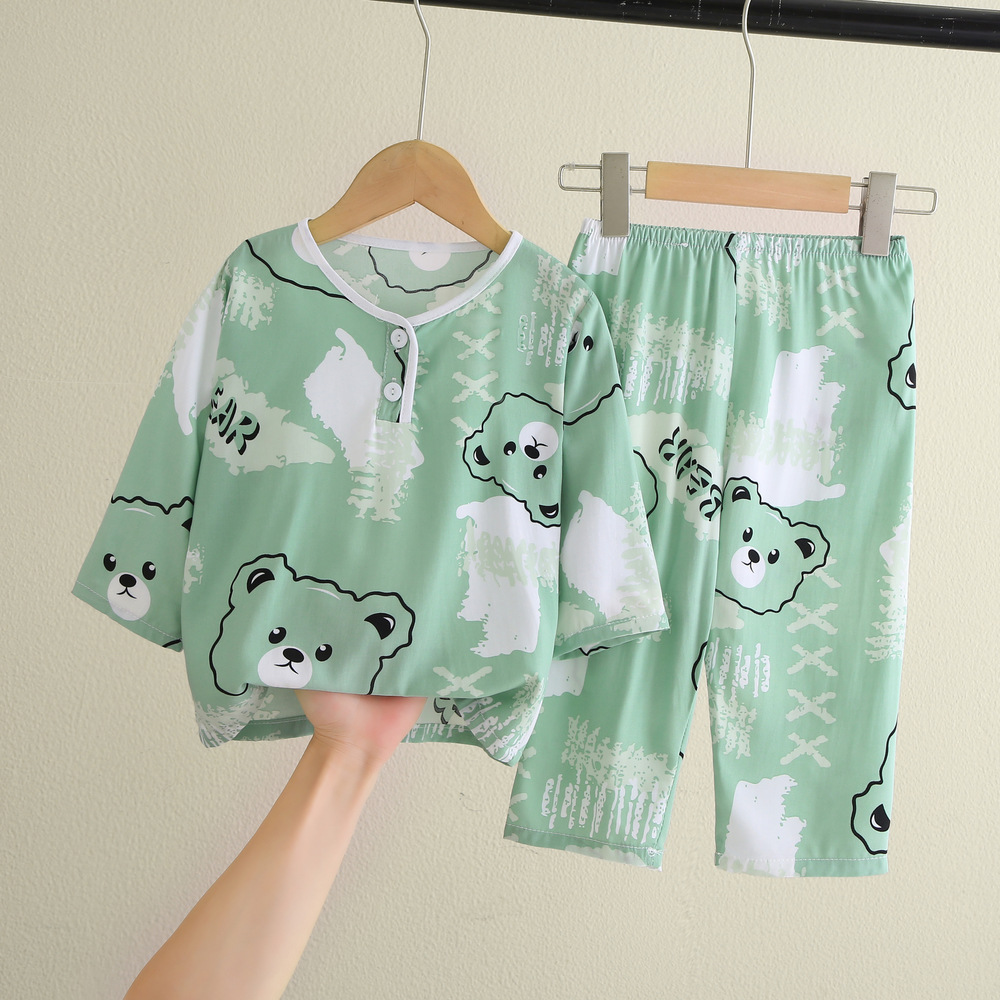 [Free shipping for 30 sets] cotton silk children's pajamas boys and girls home wear suit wicking breathable cotton silk air conditioning clothes
