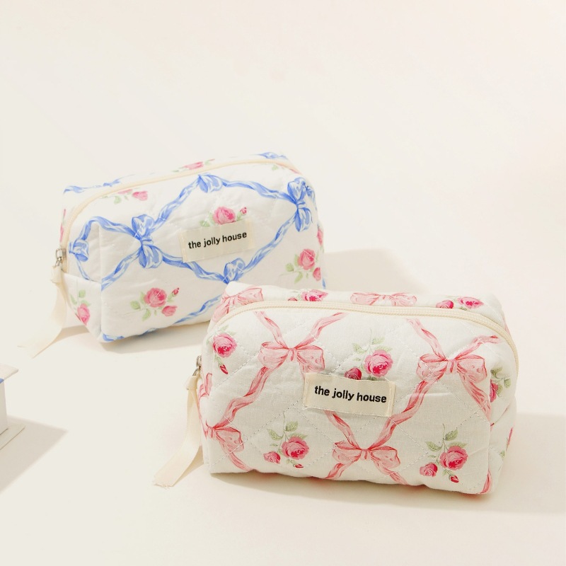 Bow cotton cosmetic bag cross-border ins large capacity storage wash bag high-value handbag inner bag for women