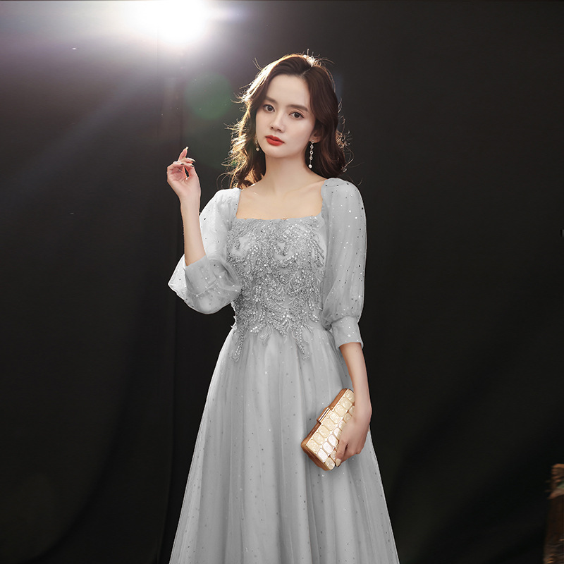 Banquet Evening Dress 2024 Spring New Grey Simple Sister Group Party Dress Host Art Test Performance Dress