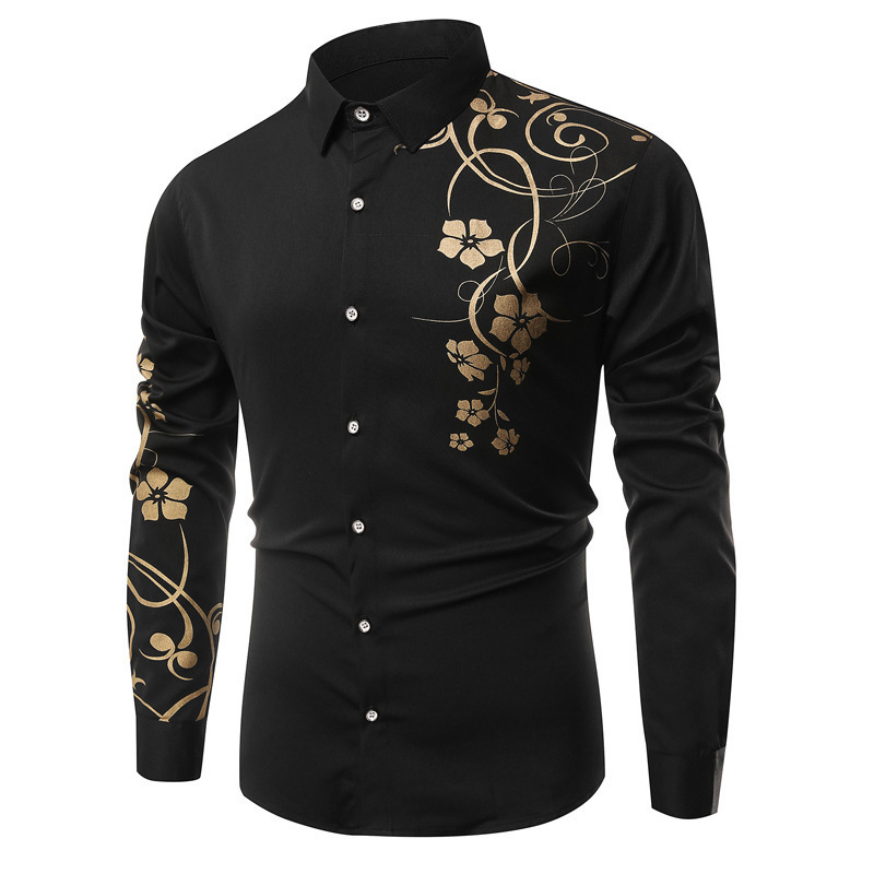 European and American new cross-border plus size men's simple shoulder printing business slim men's long-sleeved shirt fashion top