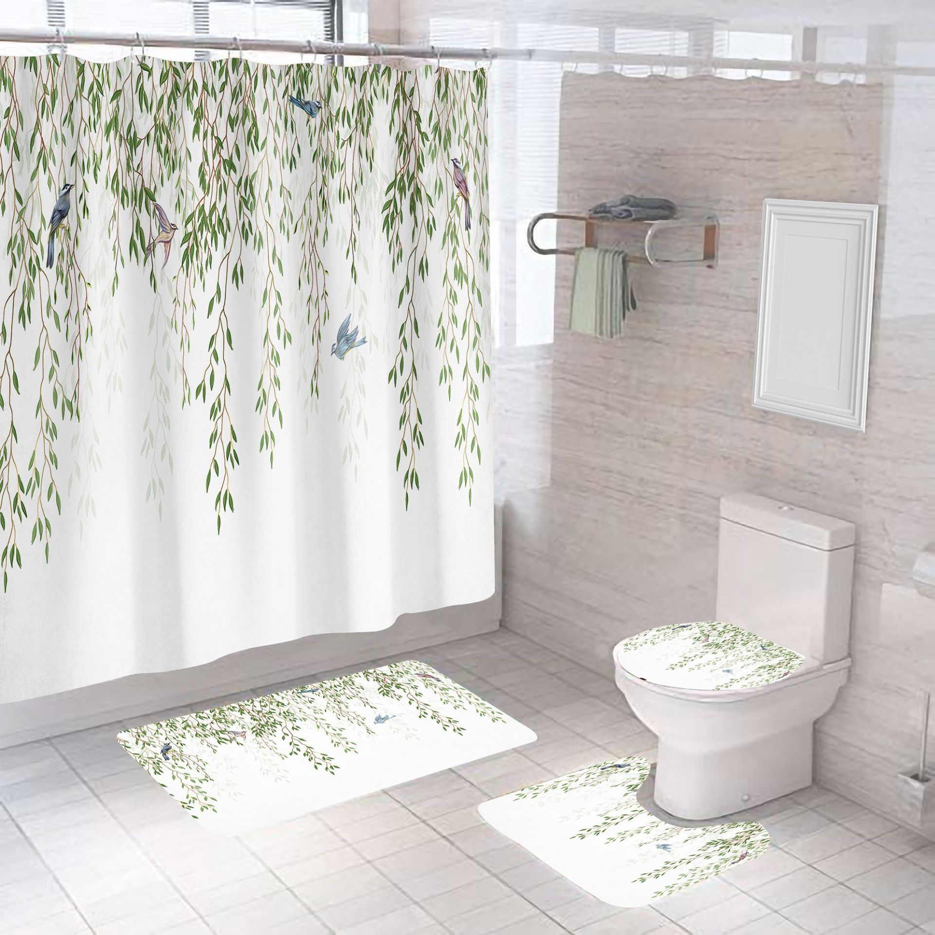 Shower curtain bathroom curtain bathroom curtain leaves Series 3D digital printing non-perforated factory direct supply