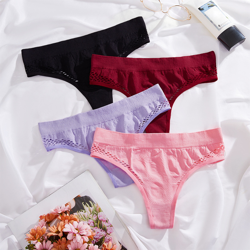 Cross-border Seamless Underwear Feminine Summer Breathable Half-hip Cover Transparent Fishnet Hollow European and American Mid-waist Women's Briefs