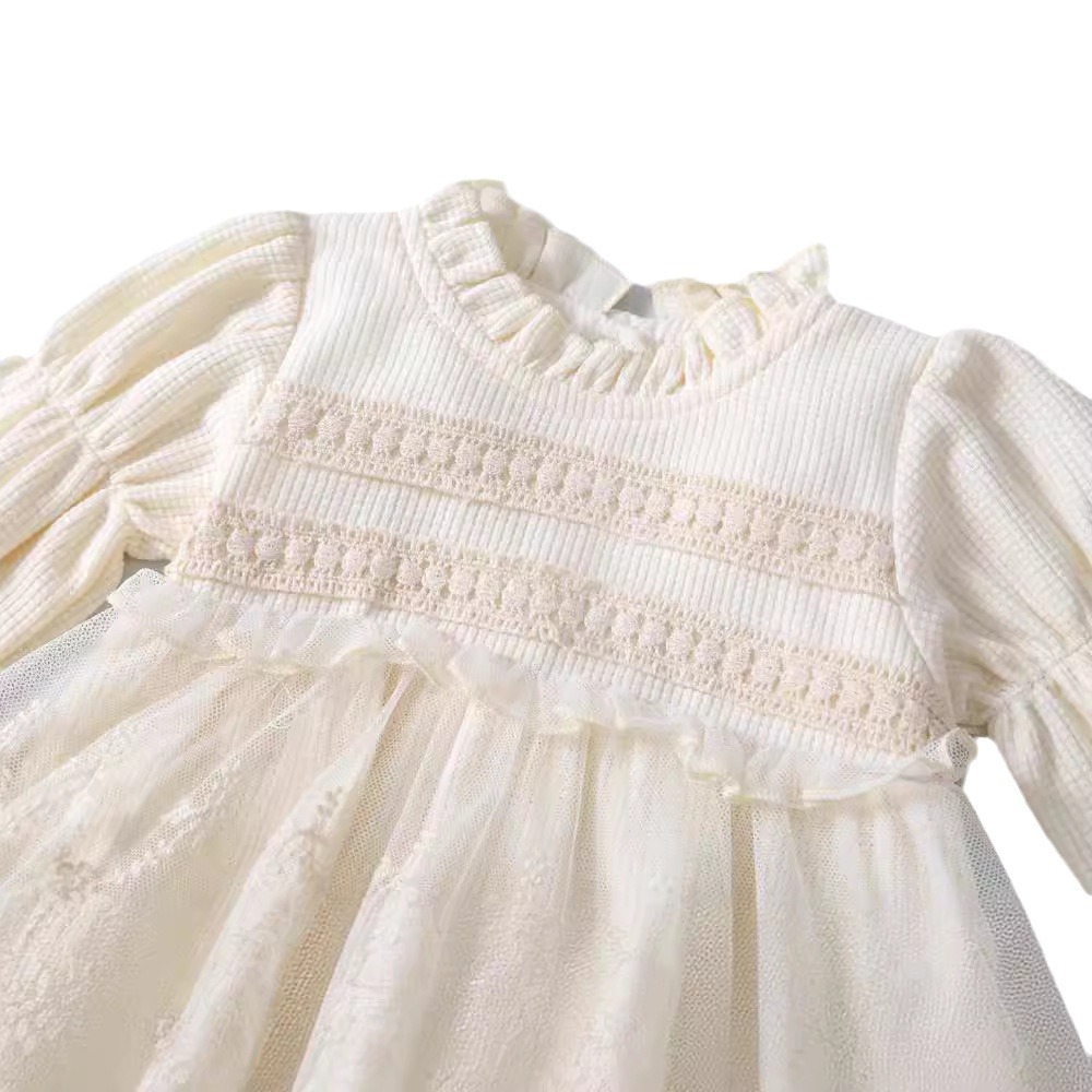 Korean Style Children's Wear Spring and Autumn Suit Baby's Lace Long Sleeve New Round Neck Styliad Dress All-Match Outfit