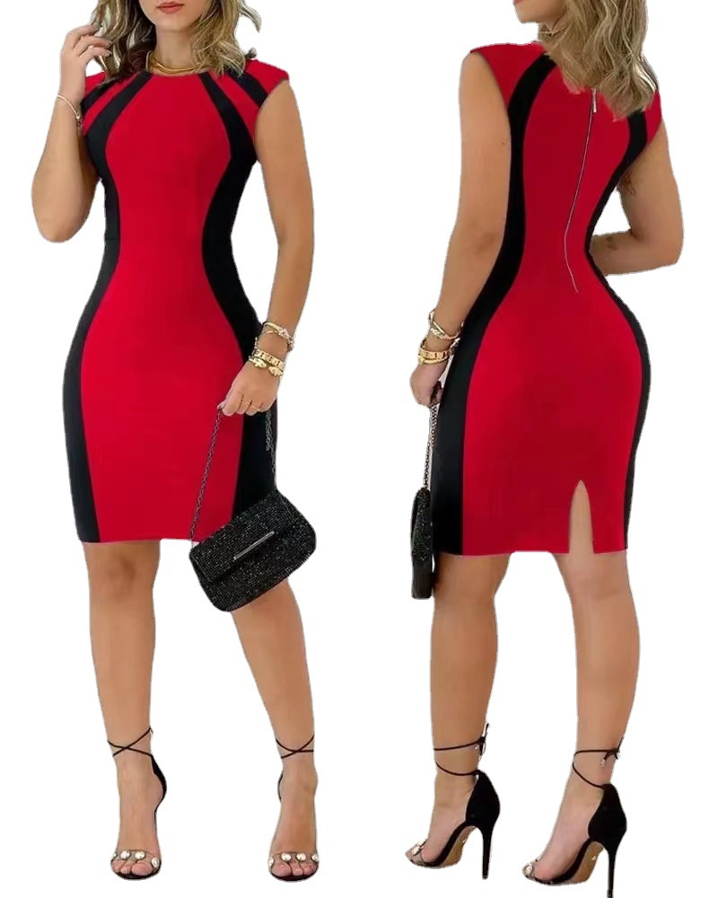 2023 Summer New European and American-style Foreign Trade Women's Contrast Color Sleeveless Round Neck Stitching Zipper Sexy Slim-fit Dress