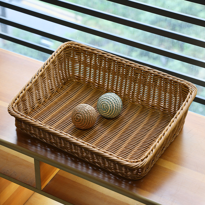 日本式デスクトップ収納かご雑誌かごプラスチック藤編スーパー果物野菜陳列展示かご果物パンかご|undefined