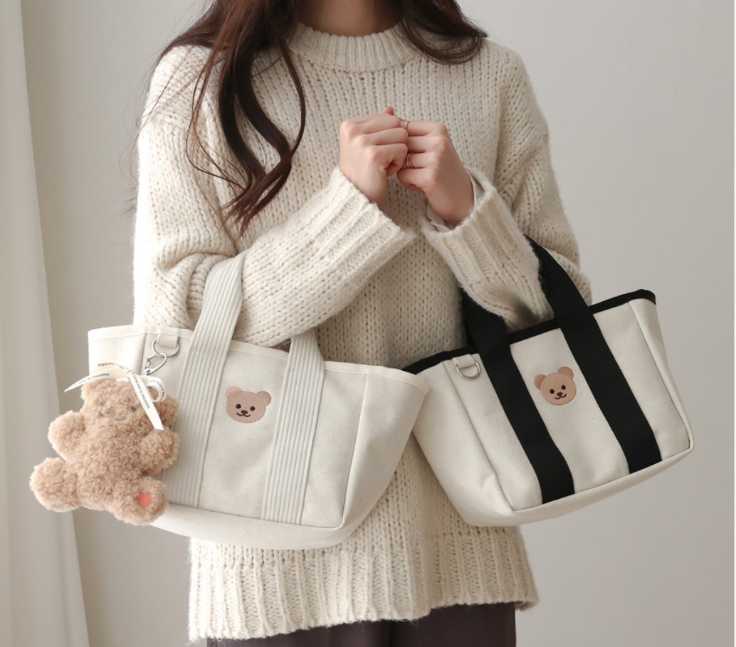 Korean Style ins Drawstring Storage Multi-Functional Portable Baby Walking Baby Bag Embroidered Bear Canvas Bag Lightweight Outgoing Bag