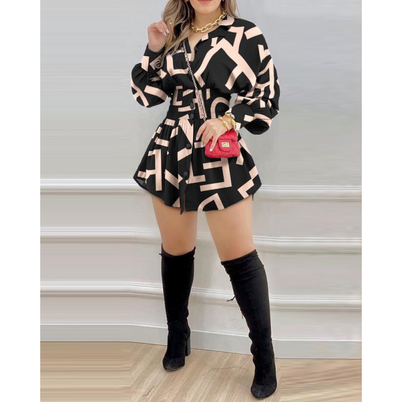 Spring New Women's Fashion Shirt Elegant Commuter Printed Waist Pleated Long-sleeved Shirt for Women