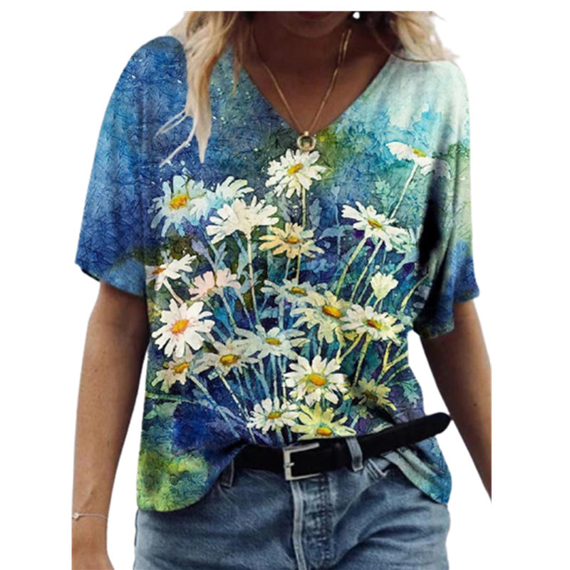  Summer eBay AliExpress wish floral print short-sleeved V-neck women's loose-fitting T-shirt