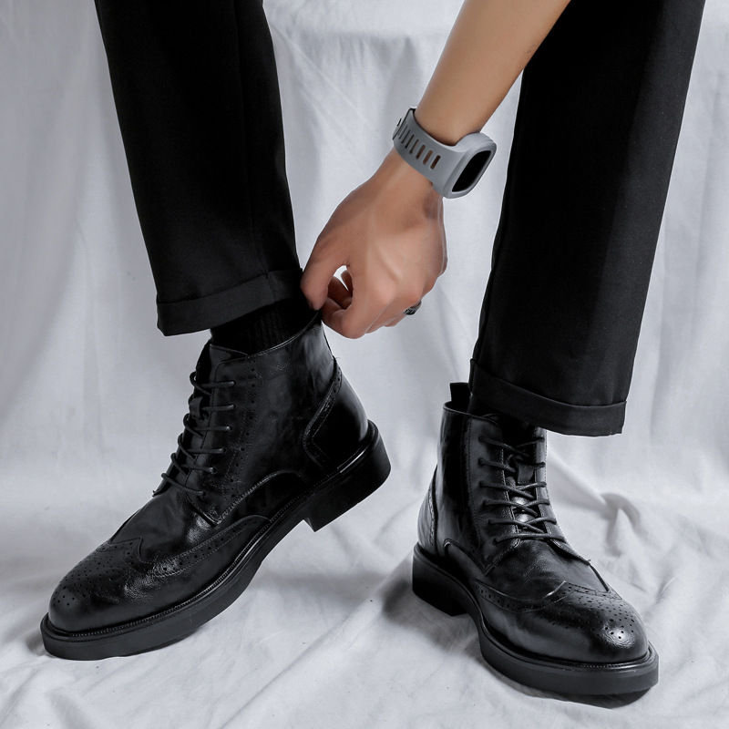 Men's Martin Boots Frock Business Casual Brock Carved High-top Leather Shoes with Suit 85680-R