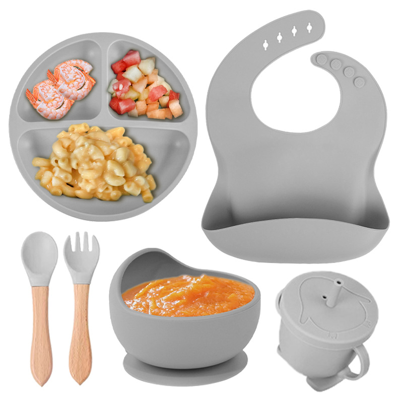 Smoke gray smiley plate-set of six-wooden fork spoon