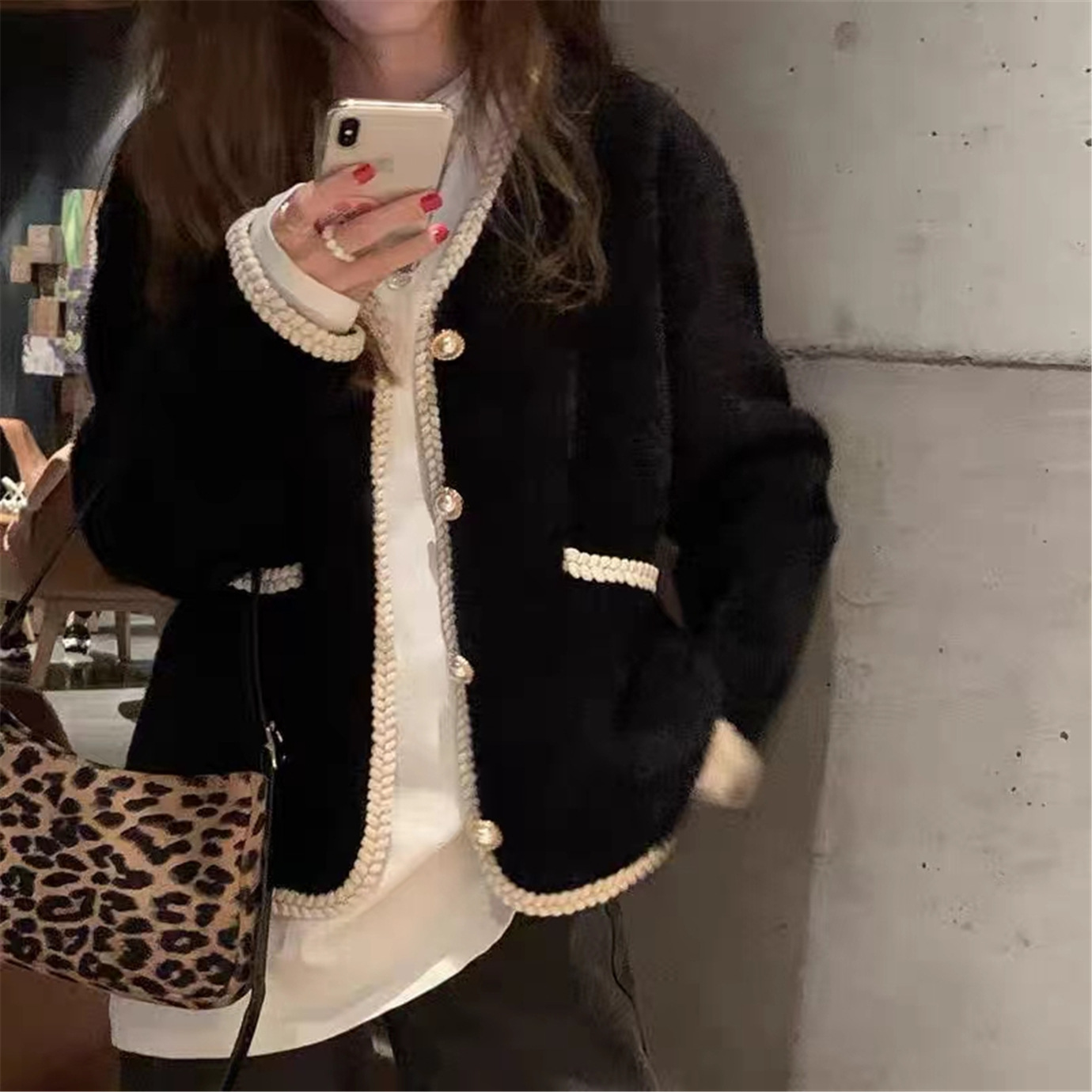2023 Autumn and Winter New Korean Style Loose Lazy Style Phnom Penh Imitation Mink Velvet Chanel Style Coat Women's Autumn and Winter Knitted Cardigan