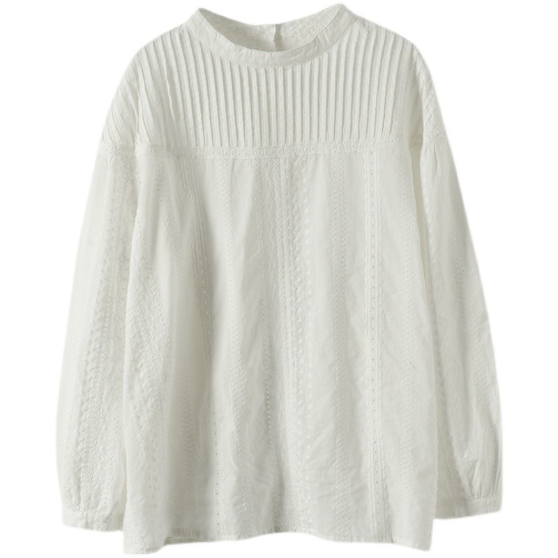 Spring New Artistic Organ Pleated Sweet Lace Hollow Long Sleeve Shirt Pullover Shirt Women's Top 8321