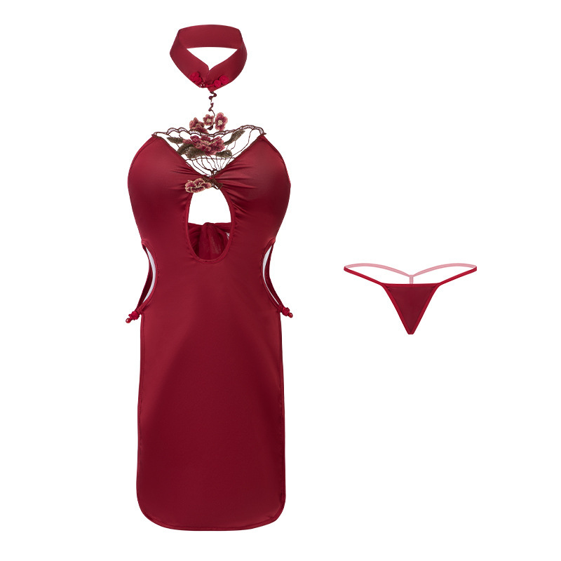 Domila sexy lingerie sexy halter water drop hollow high waist split cheongsam uniform suit F559