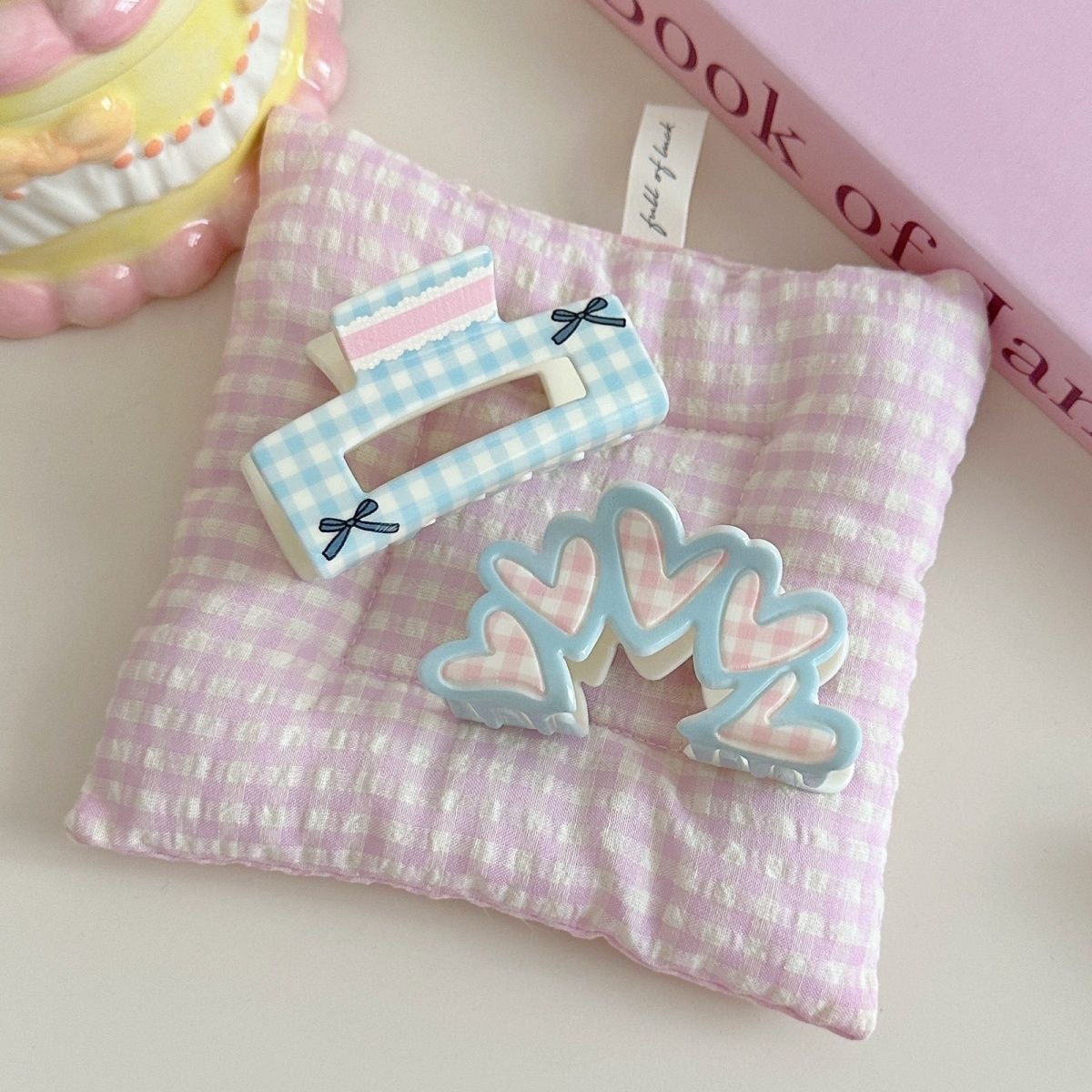 Seria Cream Girl Floral Plaid Bow Grab Clip Akrylowa spinka Shark z tyłu głowy Dysk Spinka do włosów Akcesoria do włosów_voghion.com