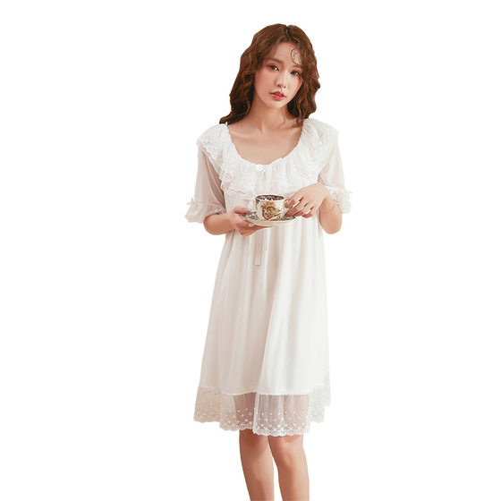 Nuo Sian Rhyme Modal Mesh Pajamas Women's Summer U-Collar Short-Sleeved Nightgown Princess Lace Court Style Home Clothes Women