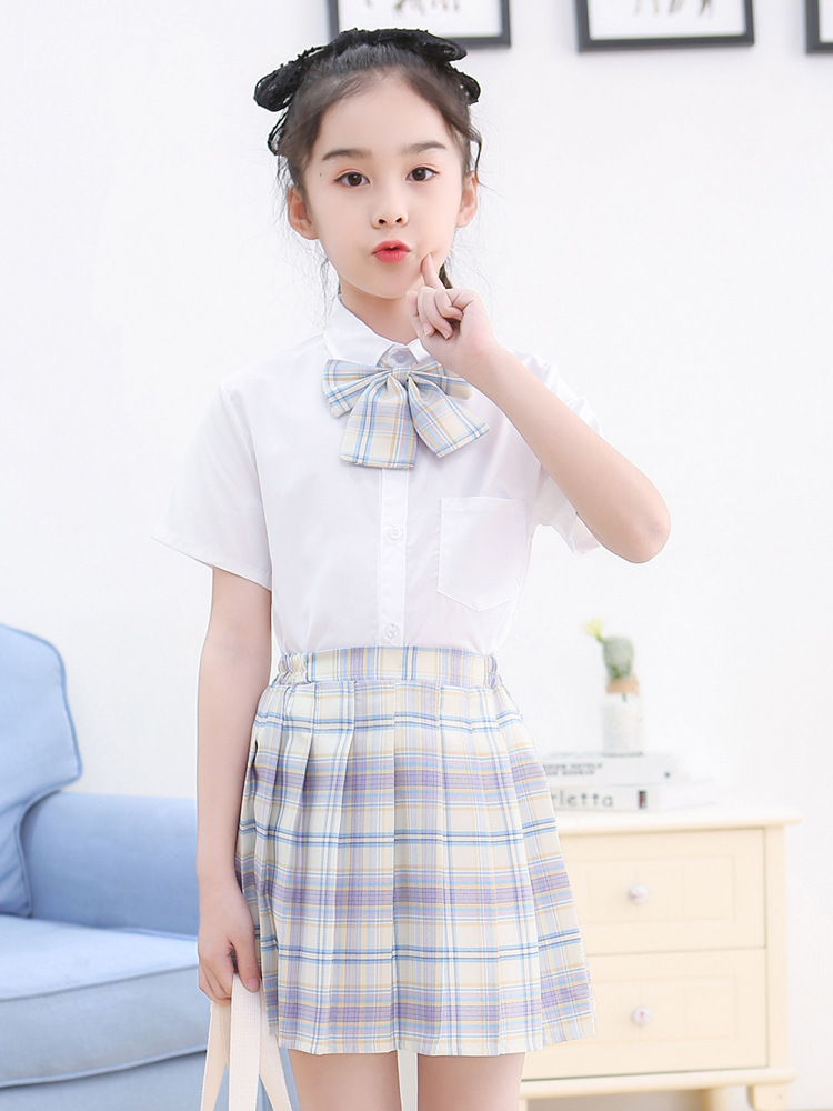 Children's JK uniform girls' summer short-sleeved suit basic shirt plaid pleated skirt children's plaid skirt