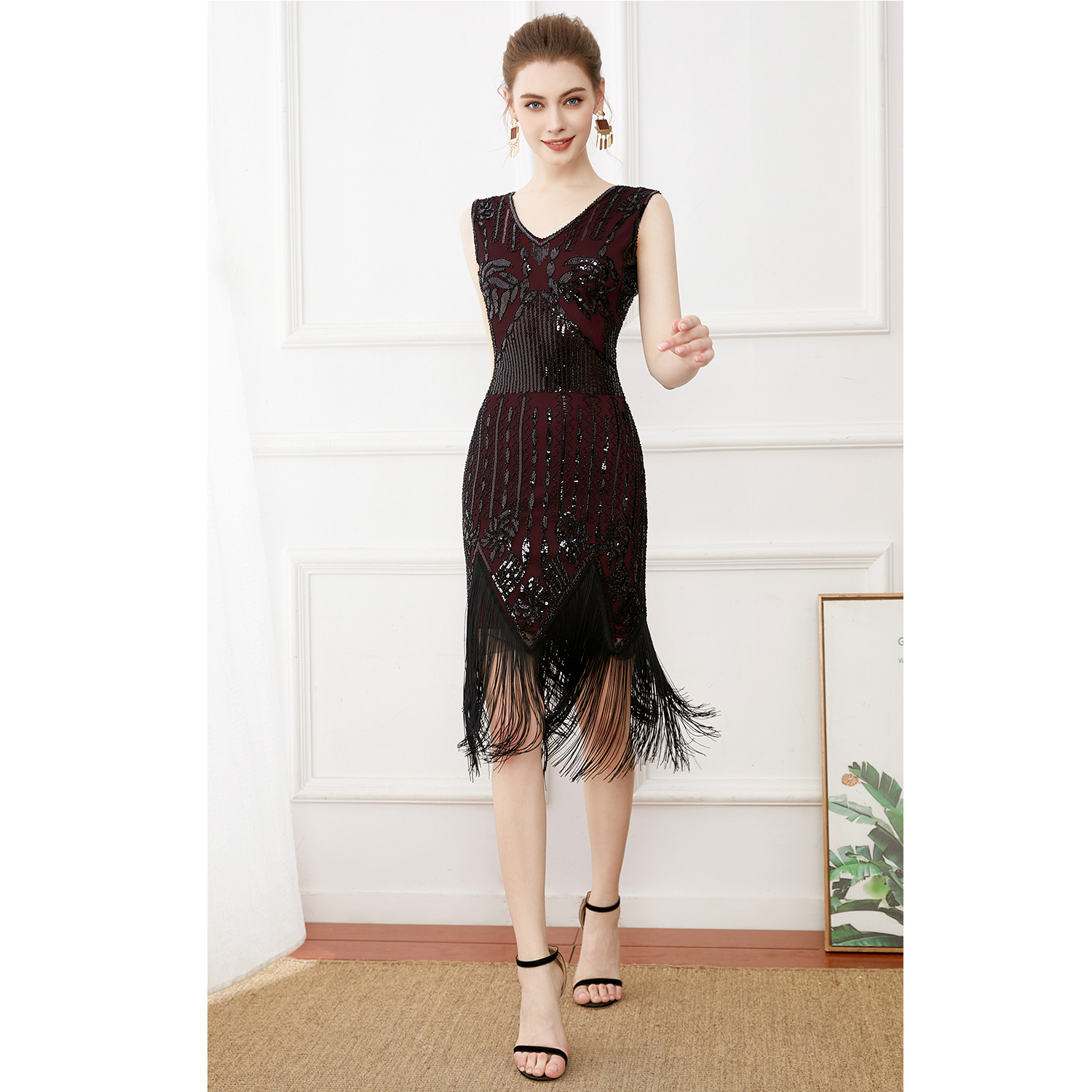 European and American Retro Gatsby Ball Dress Dance Dress V-Neck Sequins Beaded Tassel Vest Large Size Dress