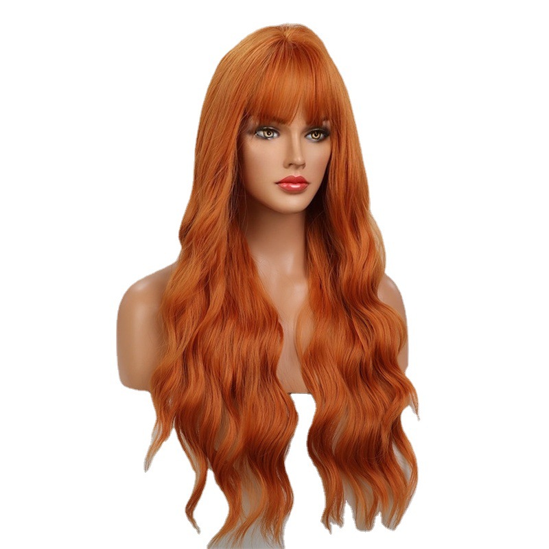 Tiktok Foreign Trade Big Wave Wig Women's Orange Air Bangs Long Curly Hair Face Repair Chemical Fiber Headgear Primary Source
