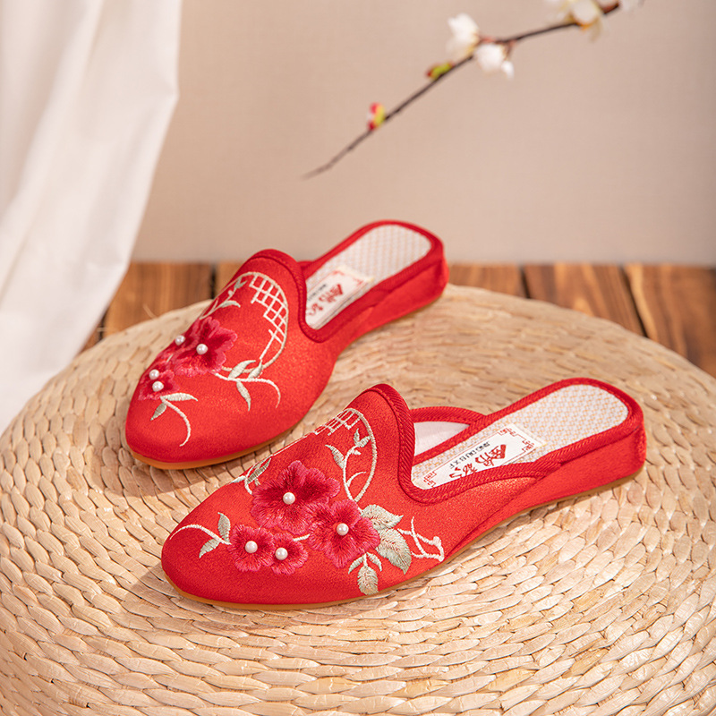 Floral 2023 Spring and Summer New Old Beijing Cloth Shoes Soft Bottom Retro Baotou Slippers Antique Cheongsam Shoes Embroidered Shoes