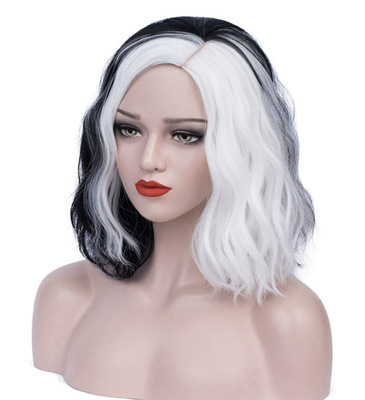 Cross-Border black and white yin and yang wig medium and long roll wig without bangs WAVE Stitching head cover kuila wig