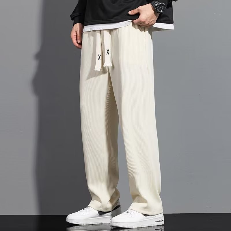 Summer Ice Silk Thin Pants Men's Trendy Brand Casual Wide Leg Straight Pants Dosing Large Size Solid Color Trendy Sports Pants